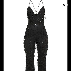 Black Sequin Plunge Satin Waist Jumpsuit US 12